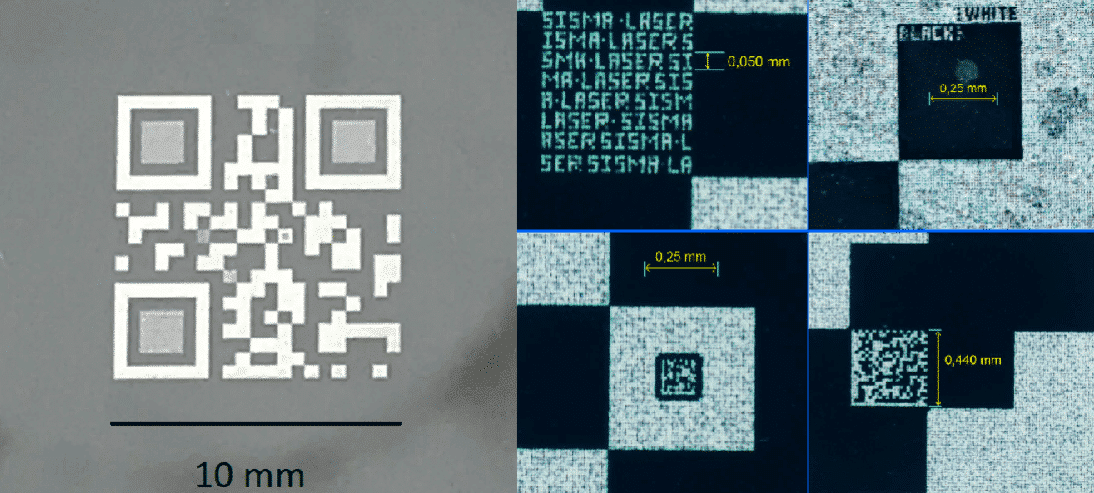 Figure 1 - Left: QR code marked with a UV nanosecond pulsed laser on a polished stainless steel. Right: Magnified view of the hidden microfeatures inside the QR code.